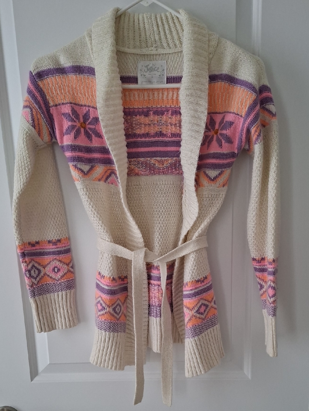 Justice Cream Cardigan with Pink, Orange & Purple Fair Isle Size 12